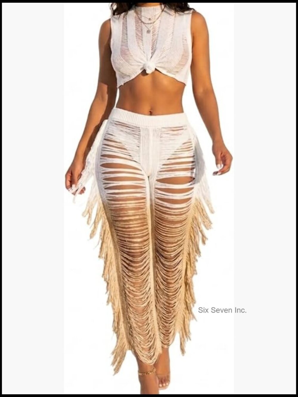 See Through Crochet Fringe Pants Set Women Festival Beach Outfit